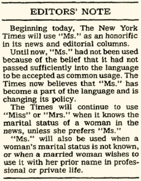 Ms. first use in the NY Times. Source: Ms Sheila Michaels RIP by Anorak, 9th, July 2017