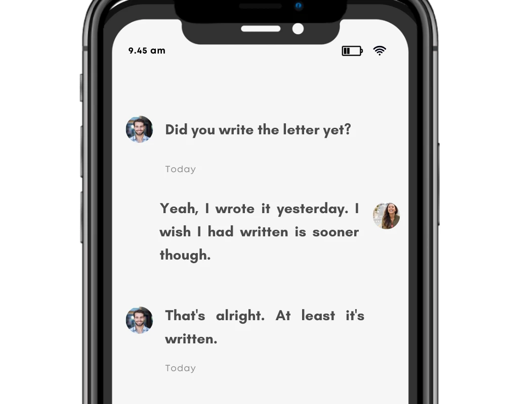 The verb, to write, in text message conversation. Made by Gflex on Canva.
