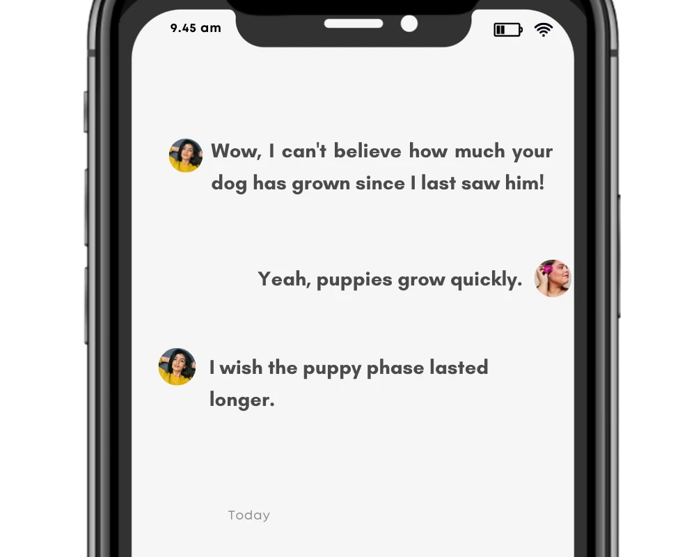 Grow/grew/grown in text message conversation.