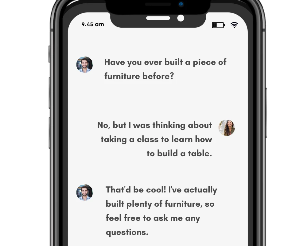 Build/building/built in text conversation. By Gflex (on Canva).