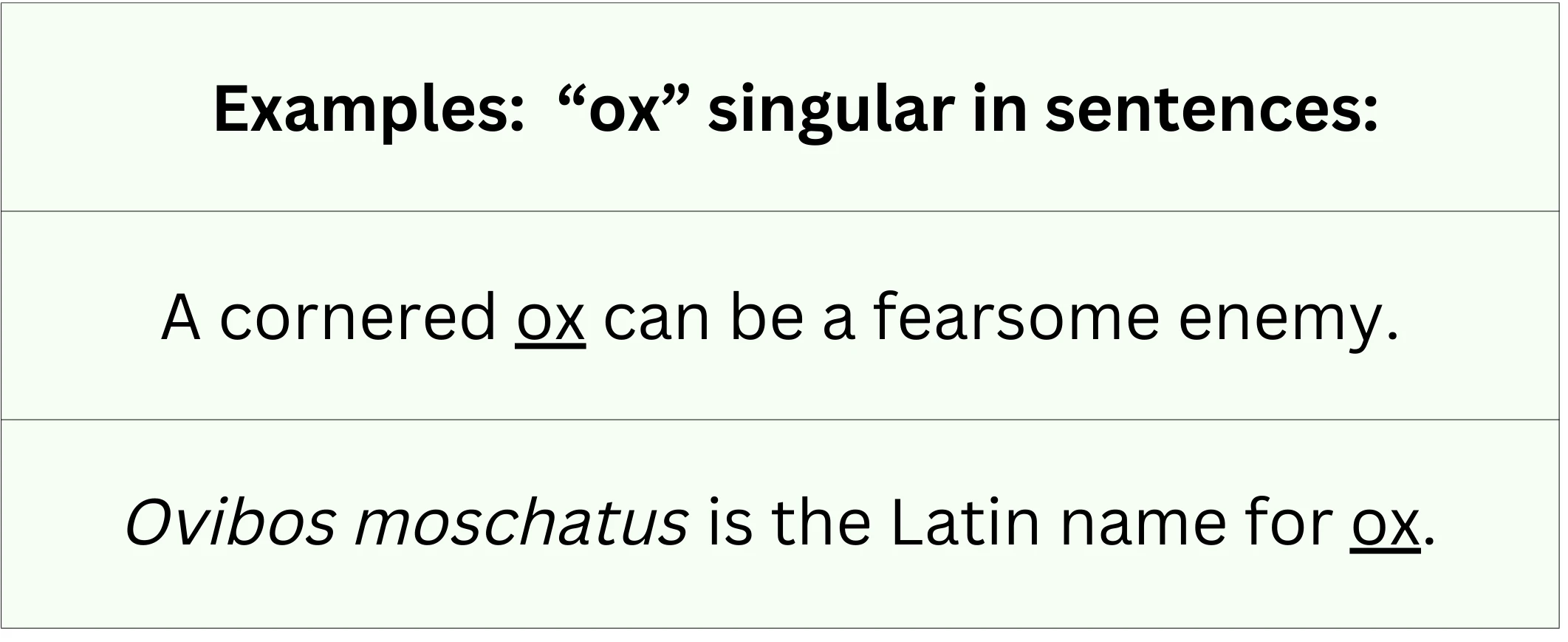 "Ox" singular shown in sentences.
