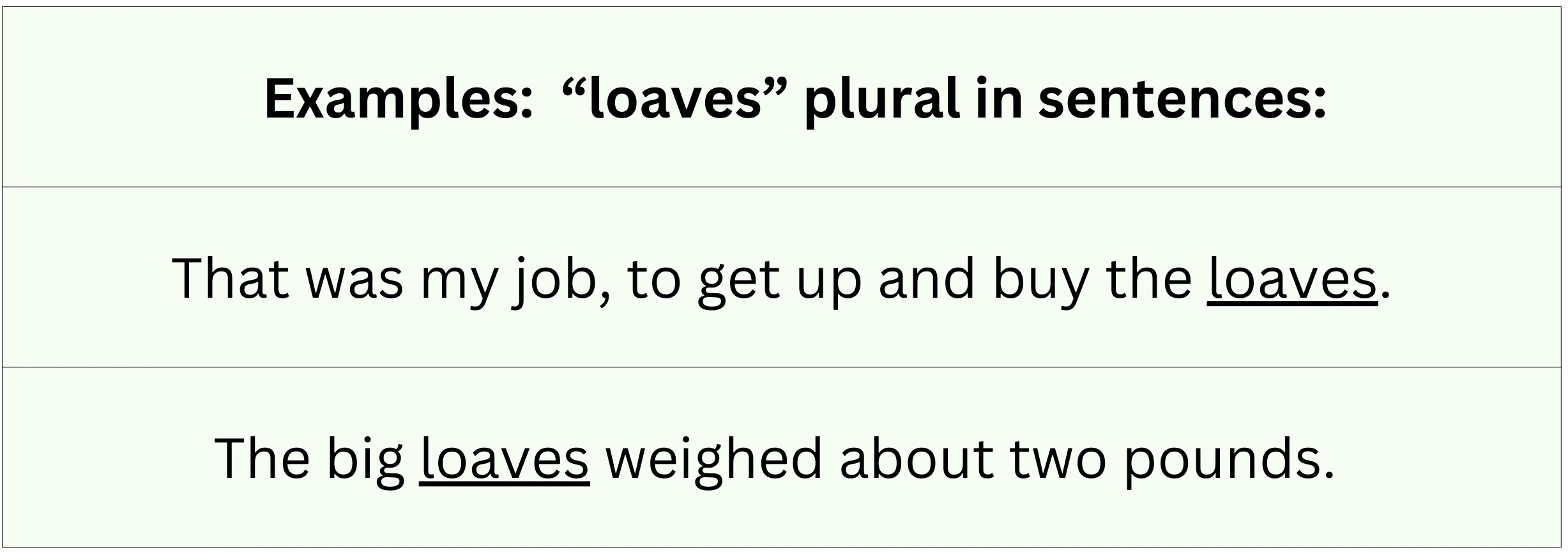 "Loaves" plural shown in sentences.