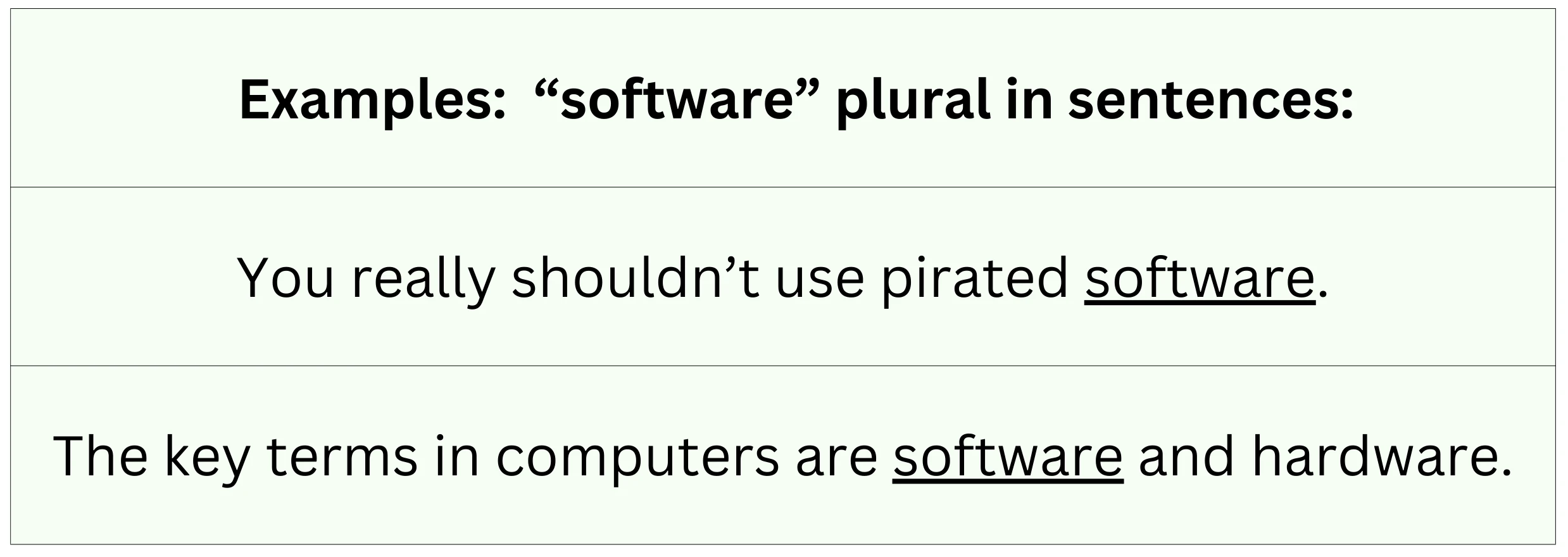 "Software" used as a plural noun in sentences.