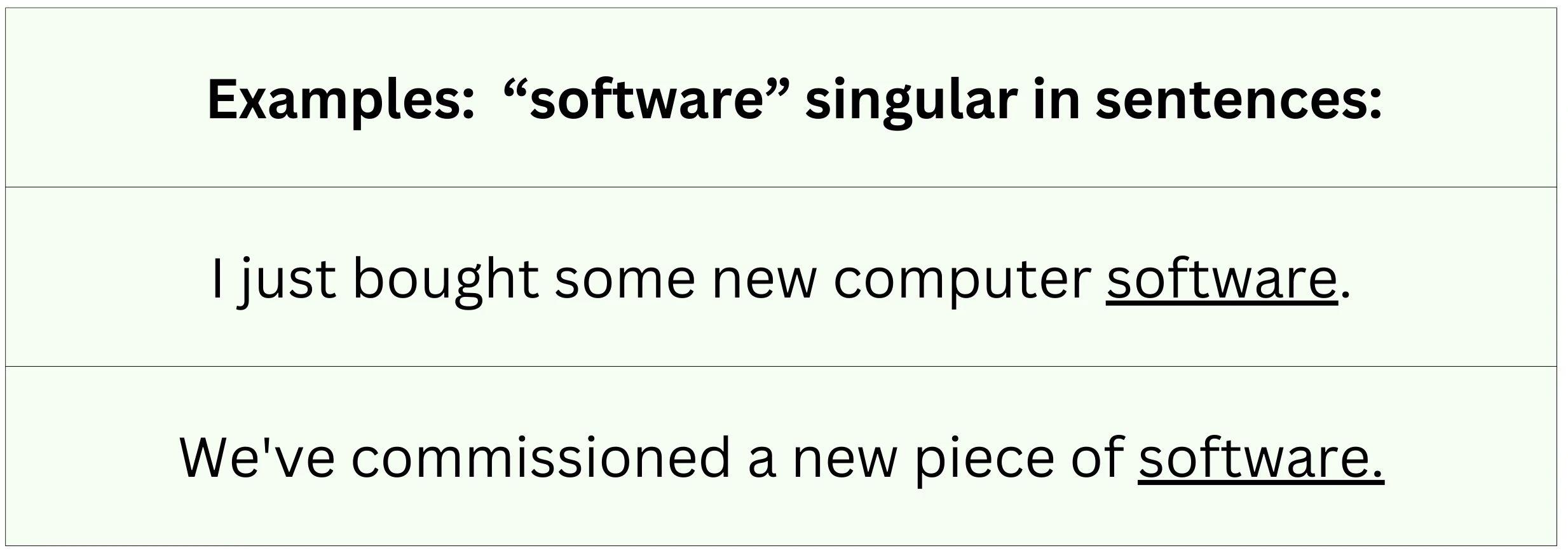 "Software" used as a singular noun in sentence examples.